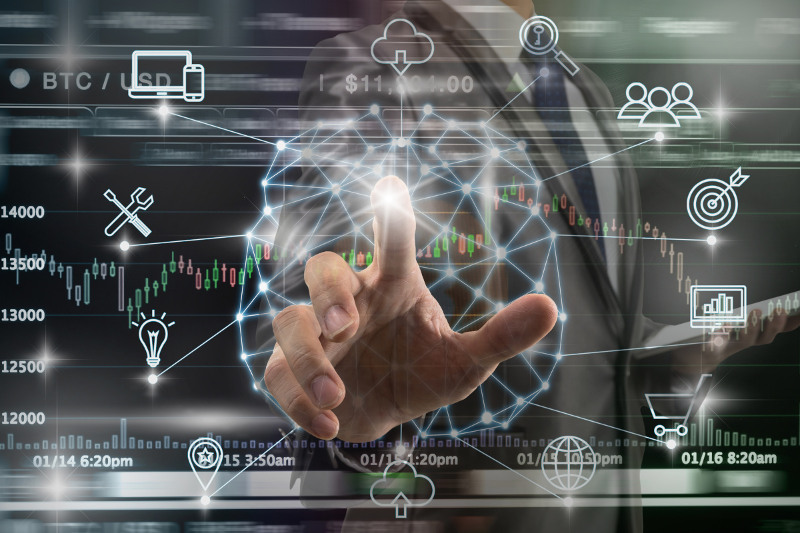 Man using digital network diagram